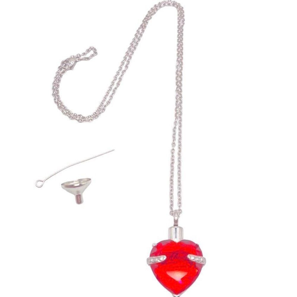 Keepsake Silver Red Crystal Message Ash Urn Heart Pendant Necklace